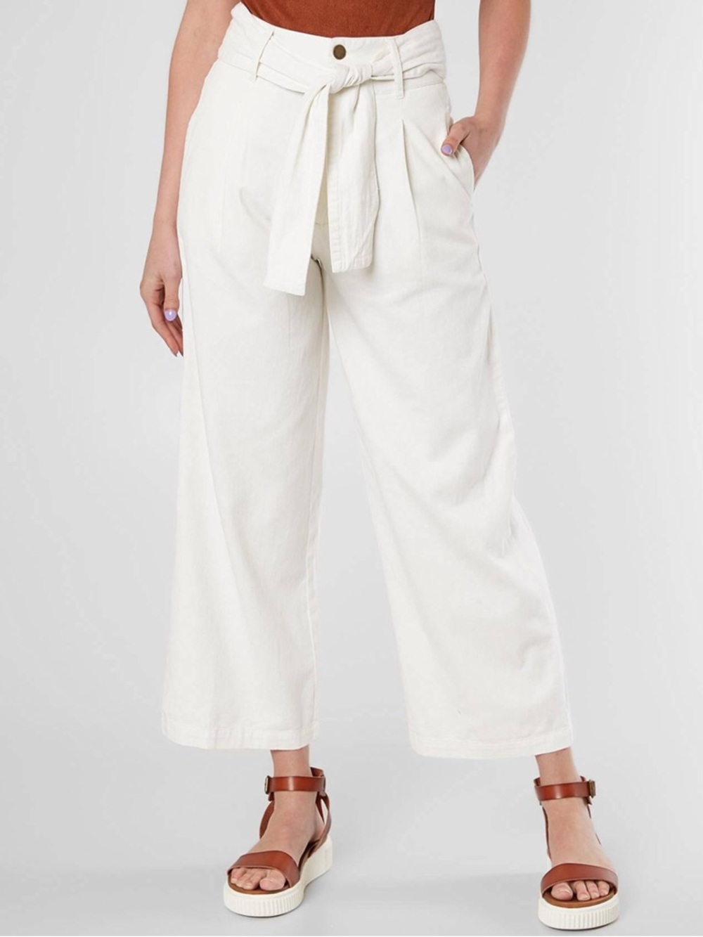 Billabong Women’s White High Waist Wide Leg Tie Belt Pants with Pockets Size 25
